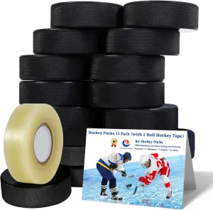 Hockey Pucks 15 Pack （with 1 Roll Hockey Tape） Official Hockey Pucks for Practicing and Classic Training, Ice Hockey Pucks Diameter 3", Thickness 1", 6oz, Black Hockey Pucks Bulk