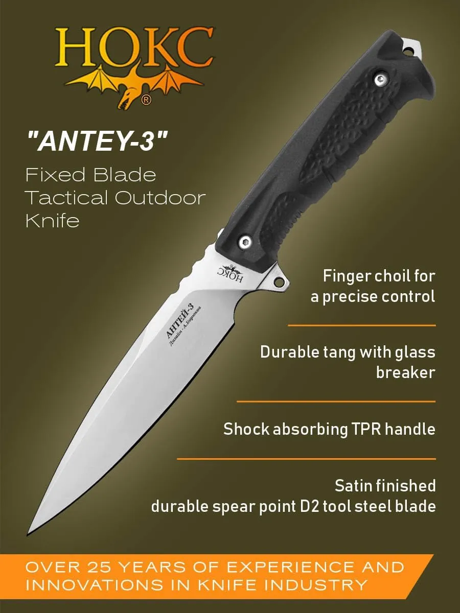 HOKC Antey-3 | 605-101821 | Tactical Knife, Hunting Knife by Official Dealer - D2 Stainless Tool Steel, TPR Handle, Glass Breaker, Ideal for Camping & Hunting