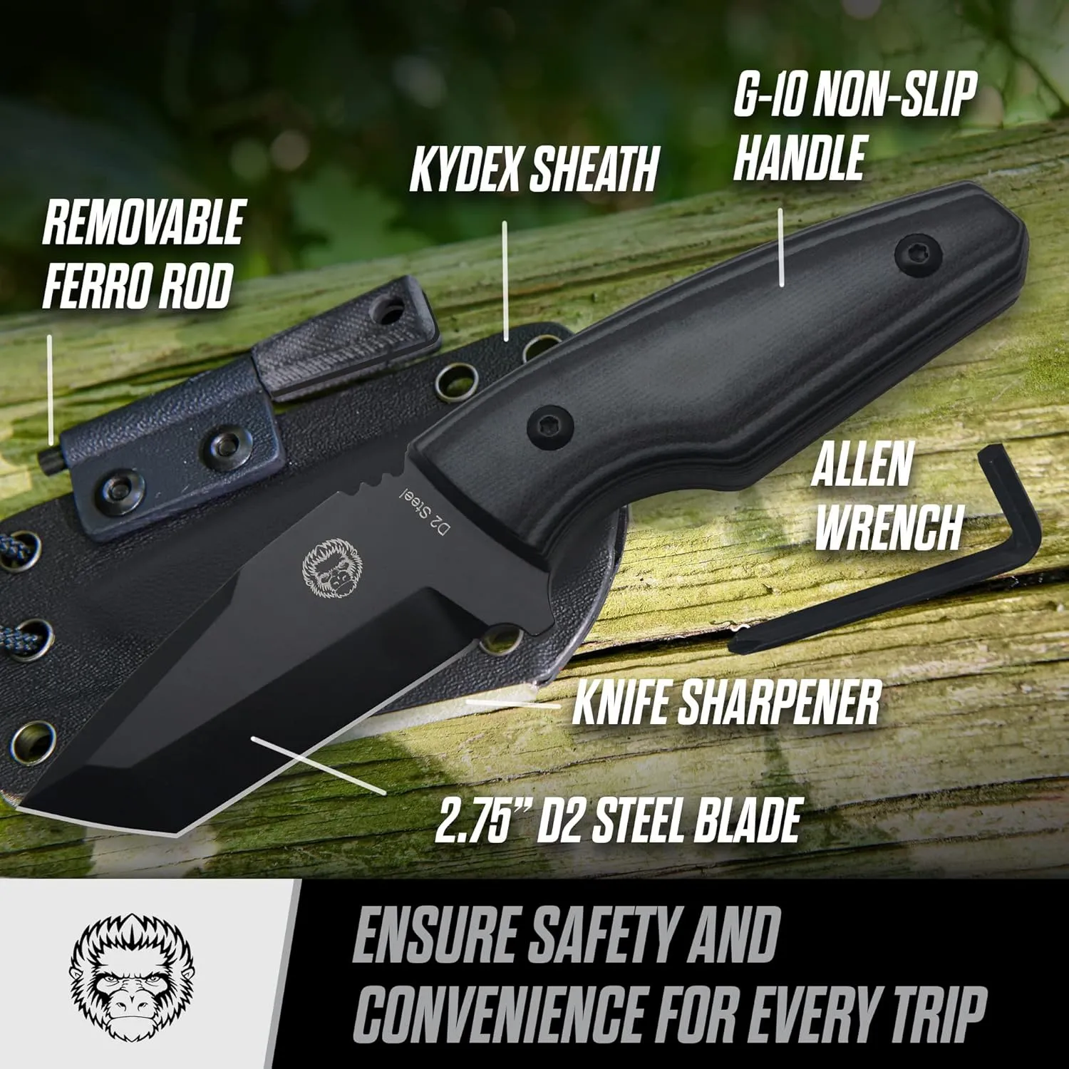 Holtzman's Gorilla Survival Tanto Fixed Blade Neck Knife with Kydex Sheath & Ferro Rod (Black) - Ideal for Outdoor Activities and Everyday Carry