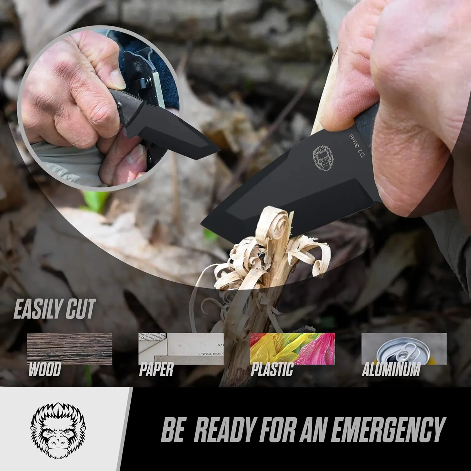 Holtzman's Gorilla Survival Tanto Fixed Blade Neck Knife with Kydex Sheath & Ferro Rod (Black) - Ideal for Outdoor Activities and Everyday Carry
