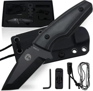 Holtzman's Gorilla Survival Tanto Fixed Blade Neck Knife with Kydex Sheath & Ferro Rod (Black) - Ideal for Outdoor Activities and Everyday Carry