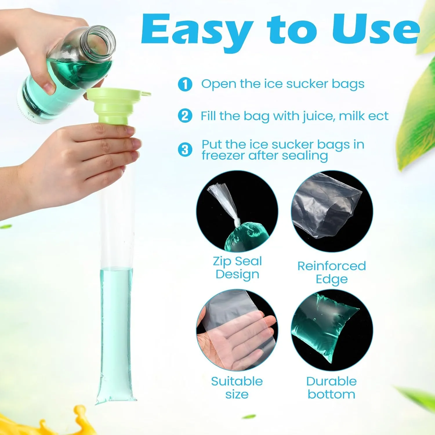 Hoolerry 600 Pcs Disposable Ice Lolly Bags Plastic Mold Ice Cream Bags with Silicone Foldable Funnel for Making Candy Yogurt Freeze Lolly(2 x 11.8 Inch)