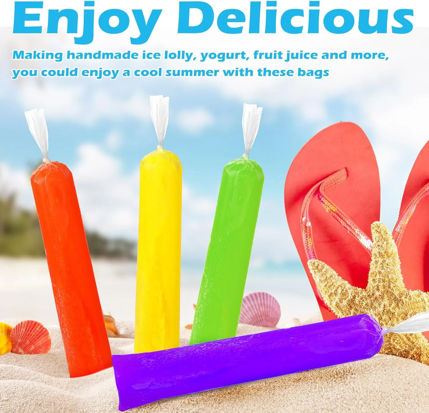 Hoolerry 600 Pcs Disposable Ice Lolly Bags Plastic Mold Ice Cream Bags with Silicone Foldable Funnel for Making Candy Yogurt Freeze Lolly(2 x 11.8 Inch)