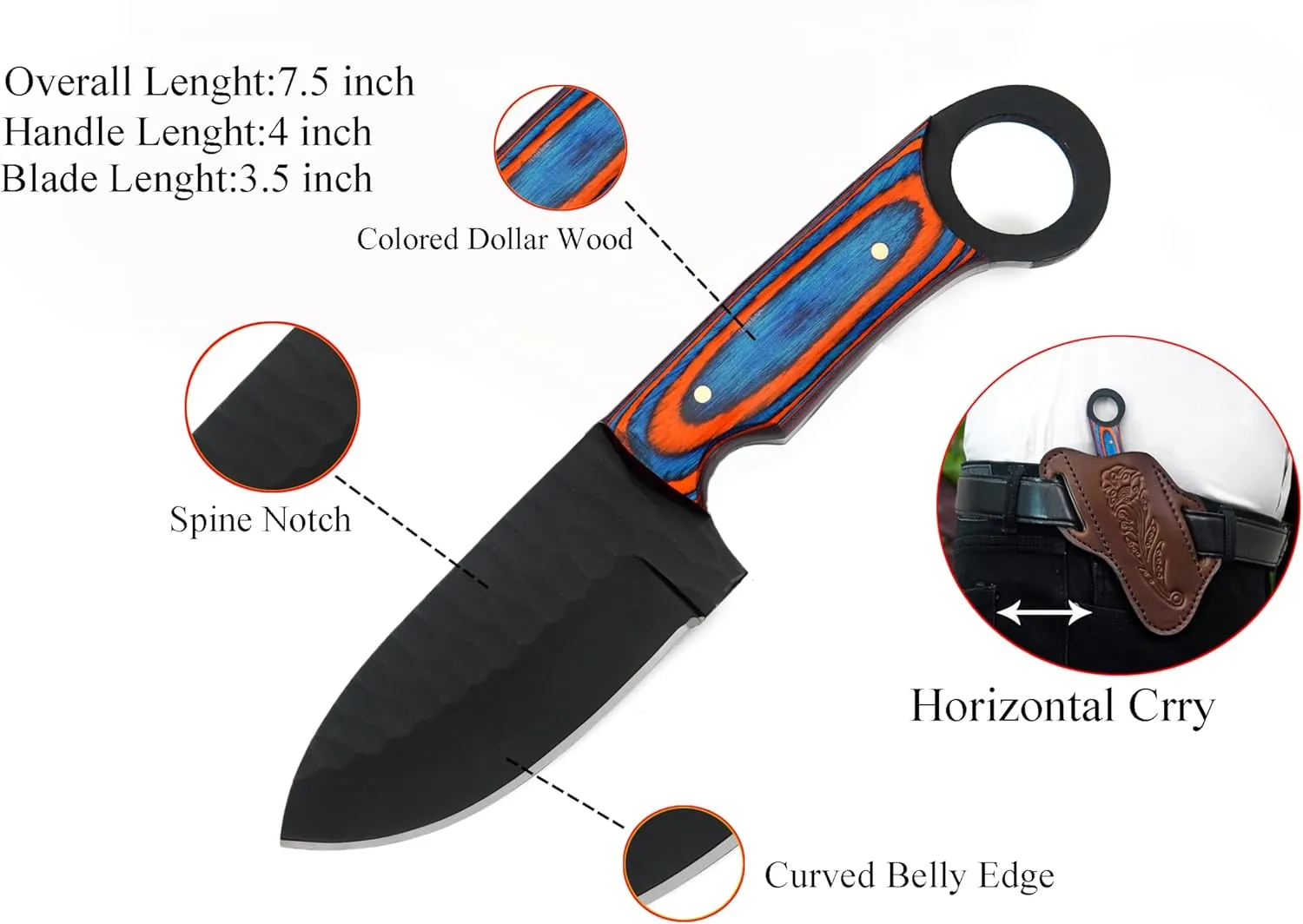 Horizontal Carry Knife - 7.5 Inch EDC Fixed Blade Knife with Sheath - 1095 High Carbon Steel Blade for Camping, Hunting & Tactical Use - Full Tang Bushcraft Knives with Wooden Handle