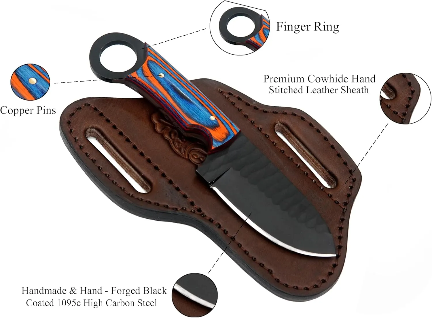 Horizontal Carry Knife - 7.5 Inch EDC Fixed Blade Knife with Sheath - 1095 High Carbon Steel Blade for Camping, Hunting & Tactical Use - Full Tang Bushcraft Knives with Wooden Handle