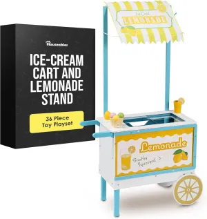 Houseables Lemonade Stand, Ice Cream Cart, Lemonade Stand for Kids, Ice Cream Store, Icecream Carts, Play Store, Shop, Playset, Parlor, Push, Toy, Truck, Toddler, Pretend, Wooden, 2 in 1, 36 Piece