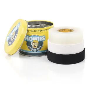 Howies Hockey Stick Premium Cloth Tape or Shin Tape 3-Pack You Choose Colors - Cloth (1 Inch by 24 Yards Long) Clear/Poly (1" x 30yds) with Free TIN ((1) Clear / (1) White / (1) Black)