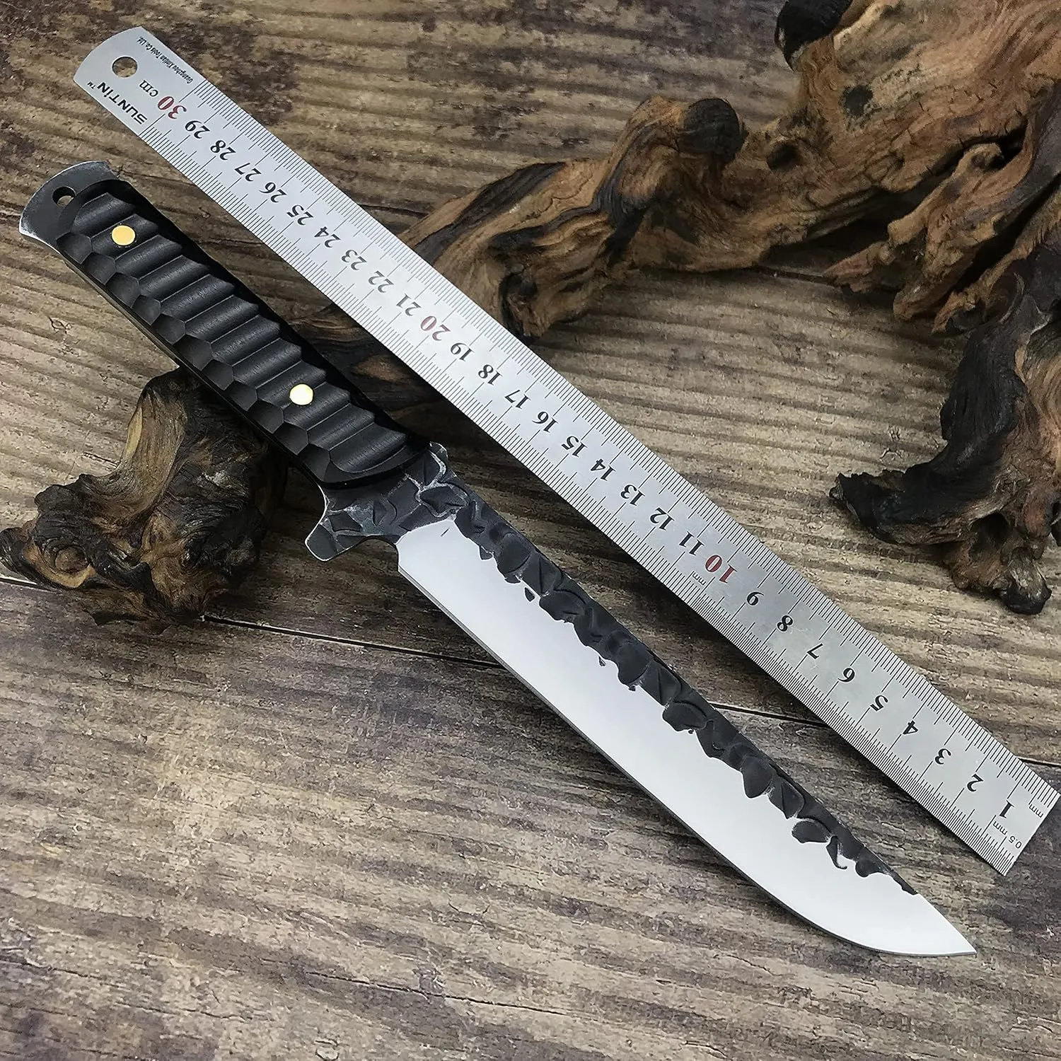 HUAAO 11.6'' Fixed Blade Knife With Sheath, Japanese Katana Full Tang With Ebony Handle for Hunting Camping Survival (Drop Point Blade)