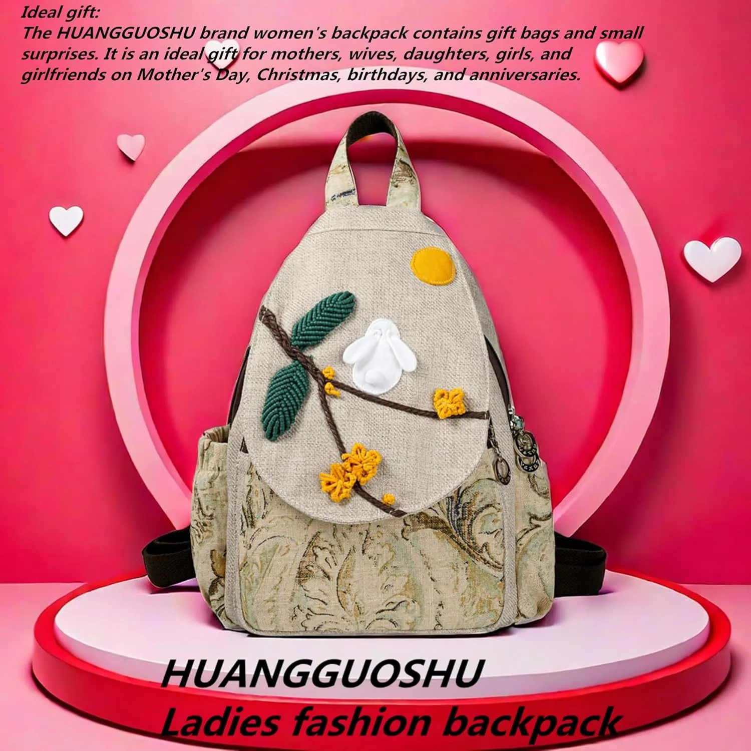 HUANGGUOSHU Bohemian Hand-Woven Cotton and Linen Backpack Small Travel Backpack Multi-Pocket, Convertible, Ideal Gift for Women, College Students, and Travel white rabbit