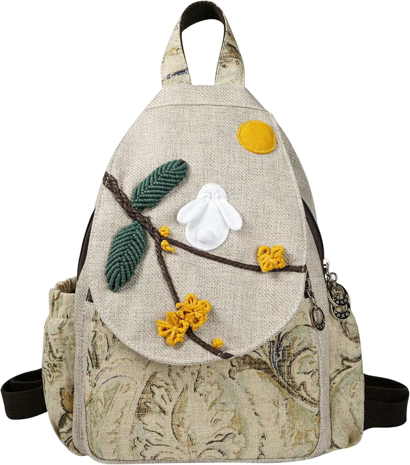 HUANGGUOSHU Bohemian Hand-Woven Cotton and Linen Backpack Small Travel Backpack Multi-Pocket, Convertible, Ideal Gift for Women, College Students, and Travel white rabbit