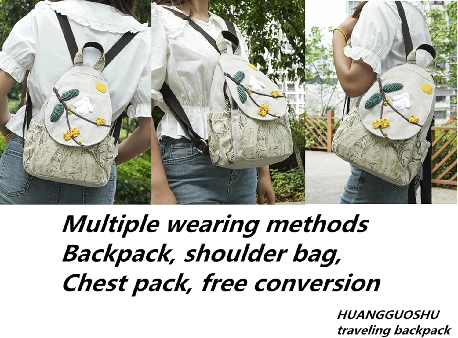 HUANGGUOSHU Bohemian Hand-Woven Cotton and Linen Backpack Small Travel Backpack Multi-Pocket, Convertible, Ideal Gift for Women, College Students, and Travel white rabbit