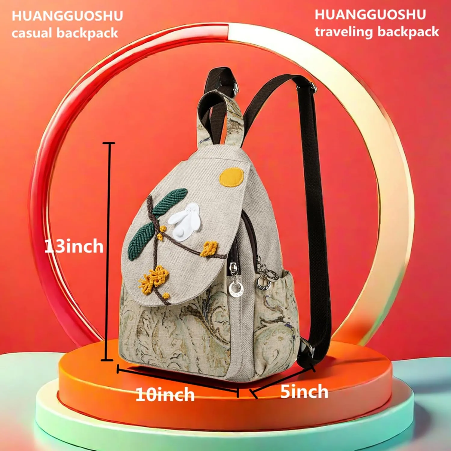 HUANGGUOSHU Bohemian Hand-Woven Cotton and Linen Backpack Small Travel Backpack Multi-Pocket, Convertible, Ideal Gift for Women, College Students, and Travel white rabbit