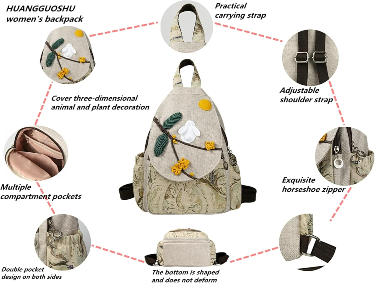 HUANGGUOSHU Bohemian Hand-Woven Cotton and Linen Backpack Small Travel Backpack Multi-Pocket, Convertible, Ideal Gift for Women, College Students, and Travel white rabbit