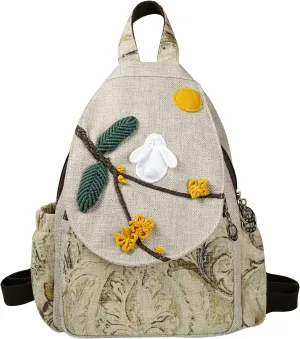 HUANGGUOSHU Bohemian Hand-Woven Cotton and Linen Backpack Small Travel Backpack Multi-Pocket, Convertible, Ideal Gift for Women, College Students, and Travel white rabbit