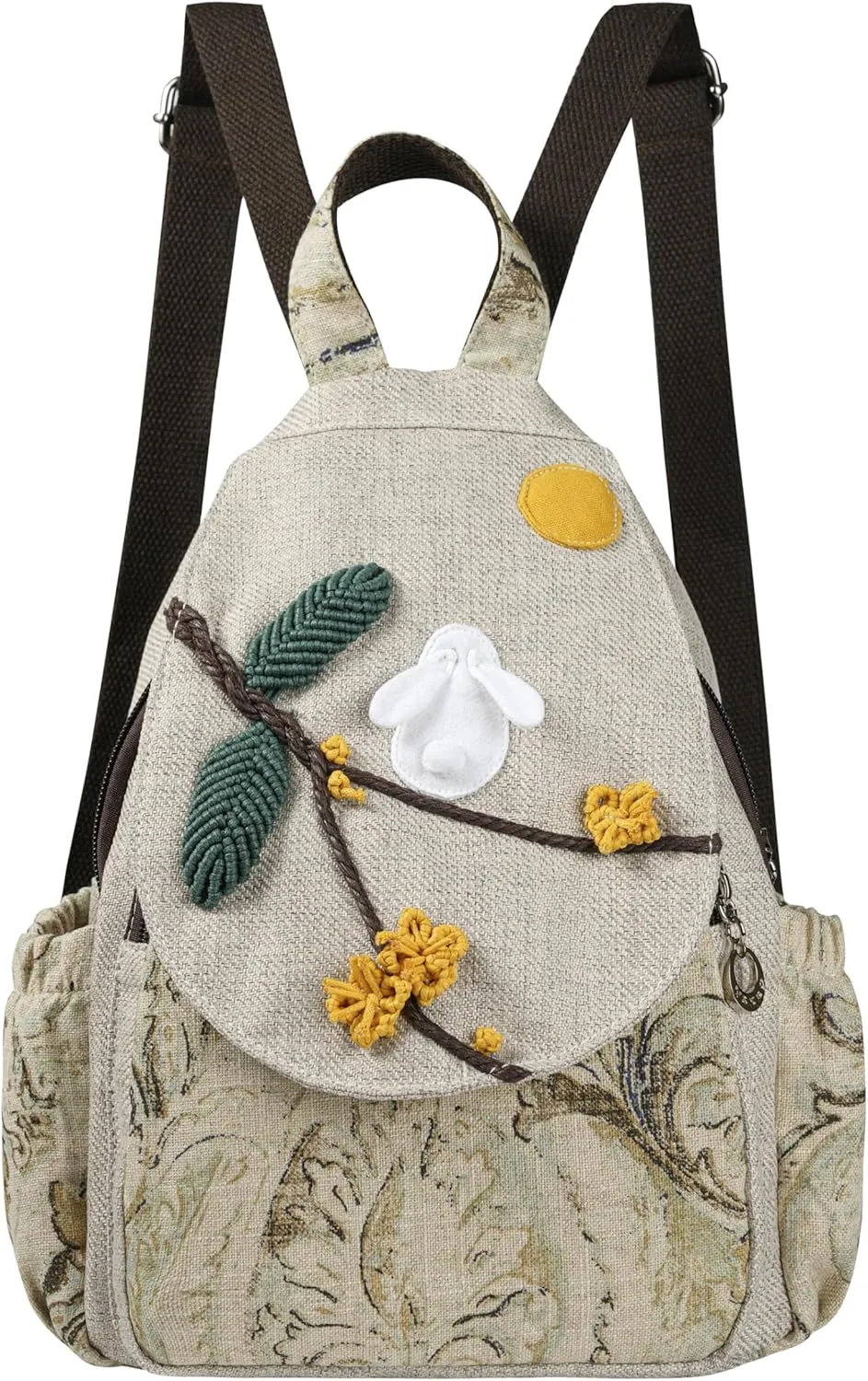 HUANGGUOSHU Bohemian Hand-Woven Cotton and Linen Backpack Small Travel Backpack Multi-Pocket, Convertible, Ideal Gift for Women, College Students, and Travel white rabbit
