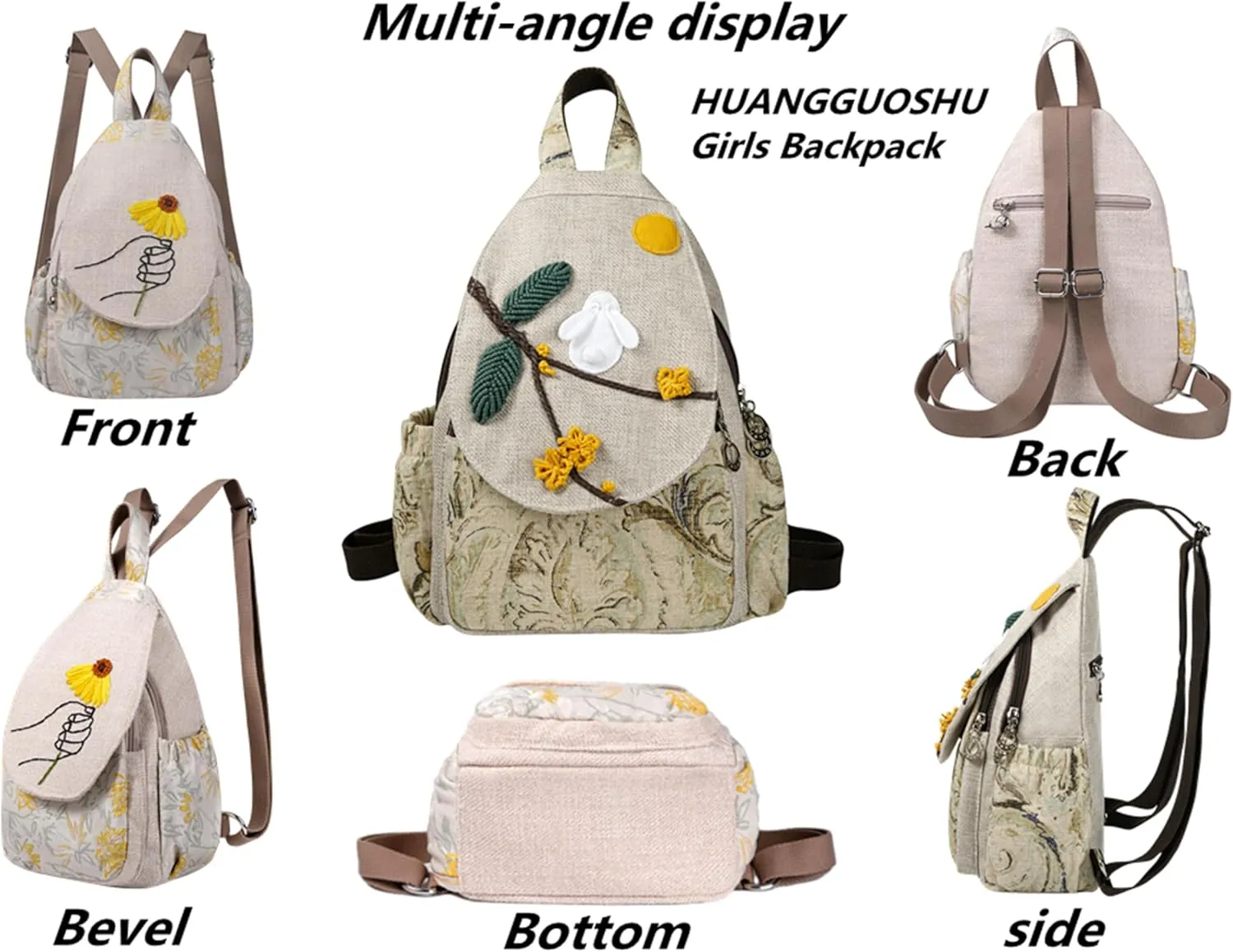 HUANGGUOSHU Bohemian Hand-Woven Cotton and Linen Backpack Small Travel Backpack Multi-Pocket, Convertible, Ideal Gift for Women, College Students, and Travel white rabbit