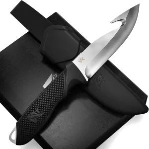 HUNTER 2 - Tactical Deer Skining Knife with Gut Hook - Fixed Blade & Sheath - Field Dressing & Survival Knife