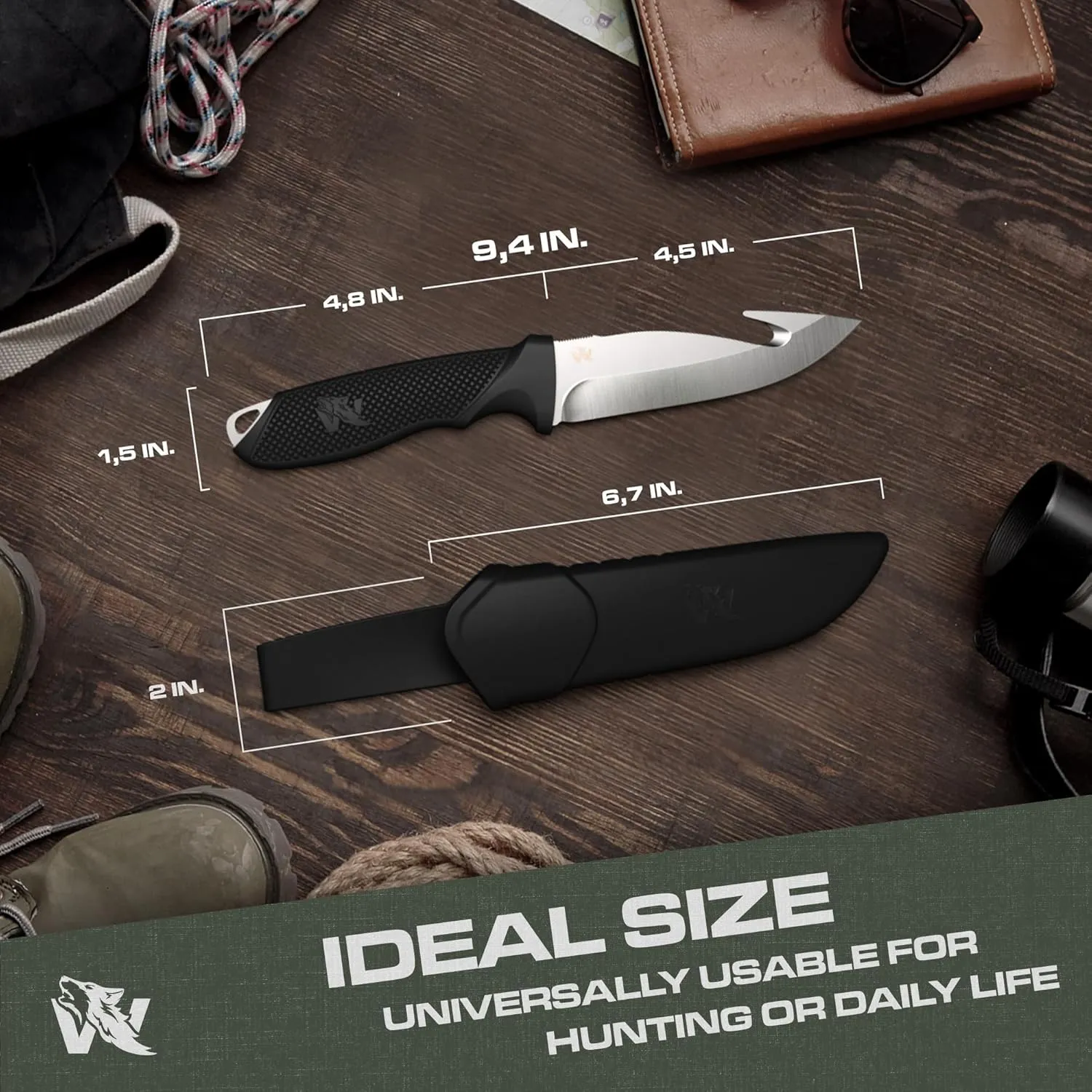 HUNTER 2 - Tactical Deer Skining Knife with Gut Hook - Fixed Blade & Sheath - Field Dressing & Survival Knife