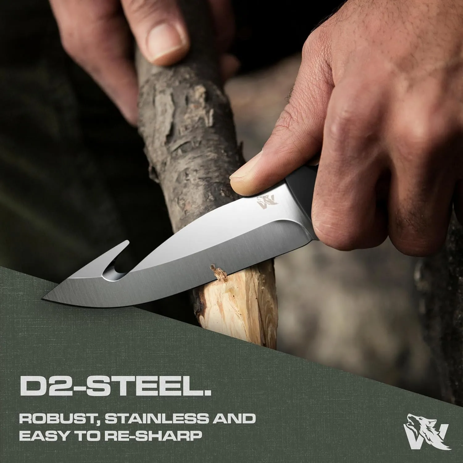 HUNTER 2 - Tactical Deer Skining Knife with Gut Hook - Fixed Blade & Sheath - Field Dressing & Survival Knife