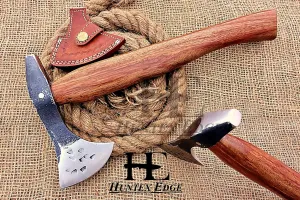 HUNTEX Custom Exposed Hand-Forged Marked 1095 High Carbon Steel 14 Inch Long Walnut Wood Handle Full Tang Razor Sharp Hunting Camping Outdoor Four Lugged Chopping Axe with Genuine Leather Sheath