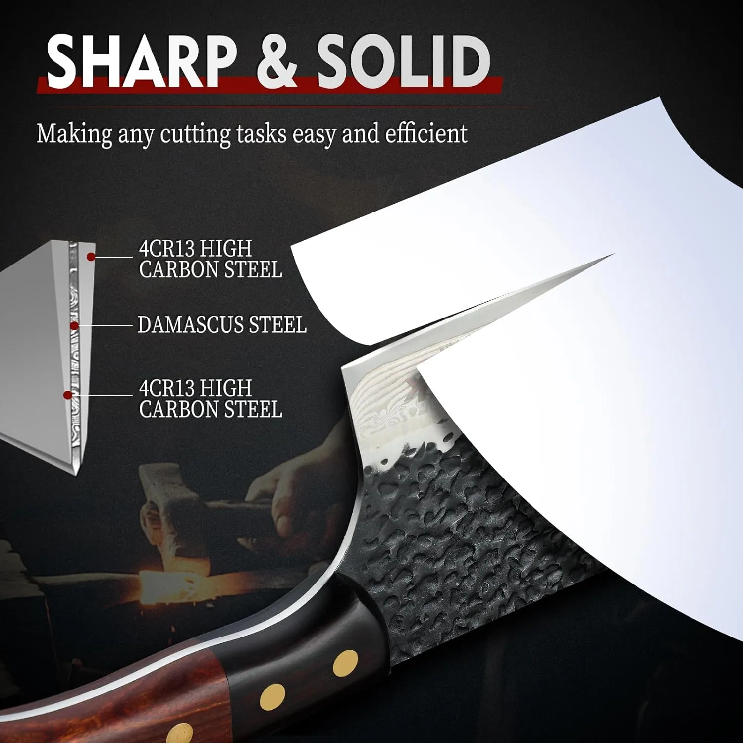 Huusk 7.5" Meat Cleaver Knife - Hand-forged Butcher Knife High Carbon Steel Kitchen Knives with Damascus Texture, Full Tang Japanese Knives with Wood Handle, Gift for Father's Day