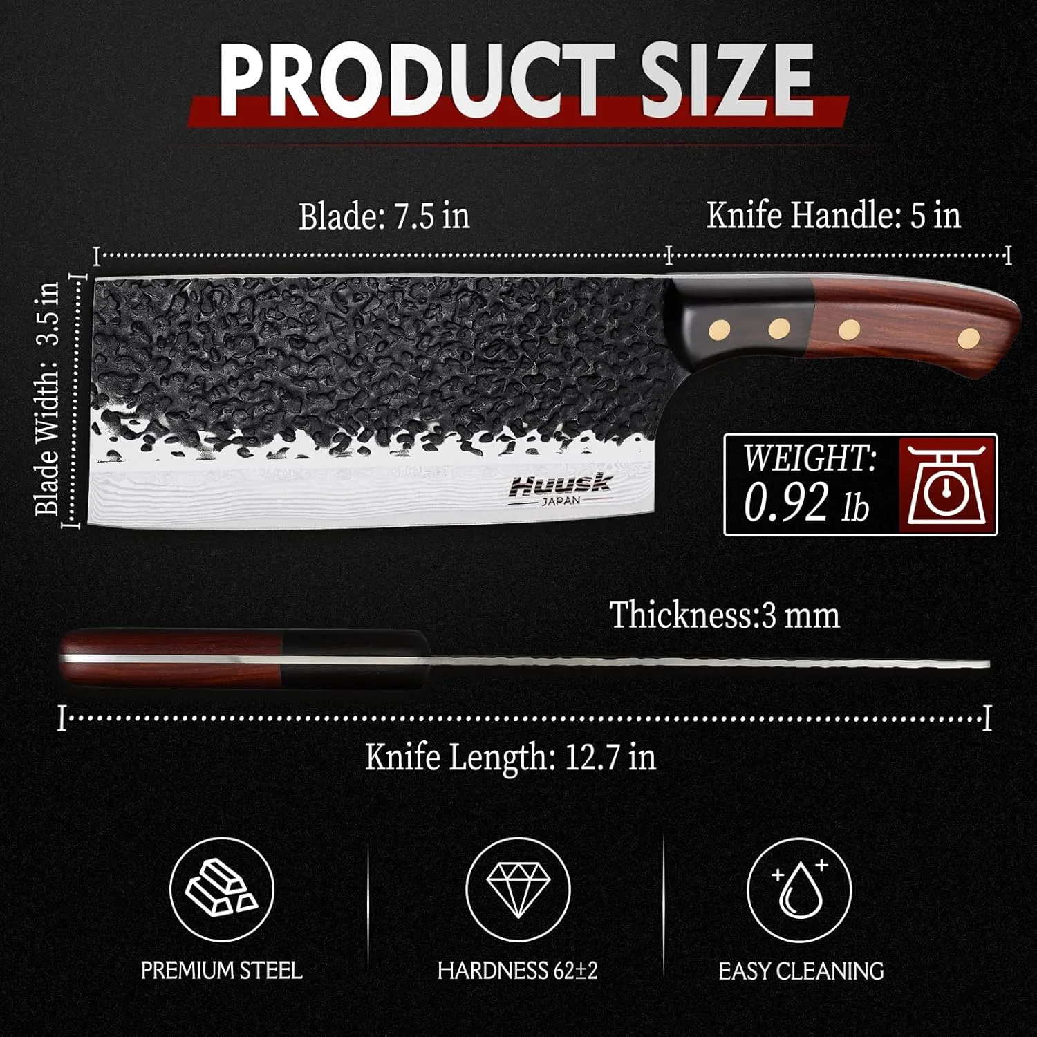 Huusk 7.5" Meat Cleaver Knife - Hand-forged Butcher Knife High Carbon Steel Kitchen Knives with Damascus Texture, Full Tang Japanese Knives with Wood Handle, Gift for Father's Day