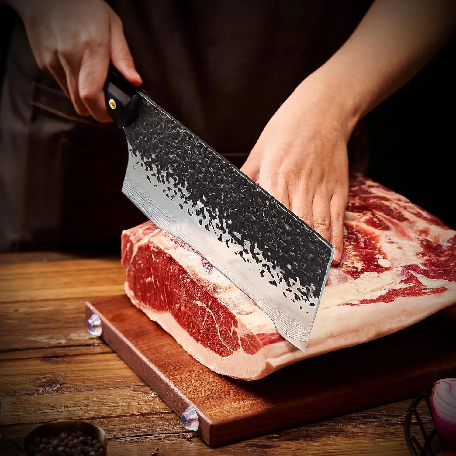 Huusk 7.5" Meat Cleaver Knife - Hand-forged Butcher Knife High Carbon Steel Kitchen Knives with Damascus Texture, Full Tang Japanese Knives with Wood Handle, Gift for Father's Day