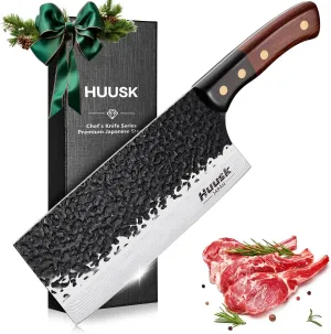 Huusk 7.5" Meat Cleaver Knife - Hand-forged Butcher Knife High Carbon Steel Kitchen Knives with Damascus Texture, Full Tang Japanese Knives with Wood Handle, Gift for Father's Day