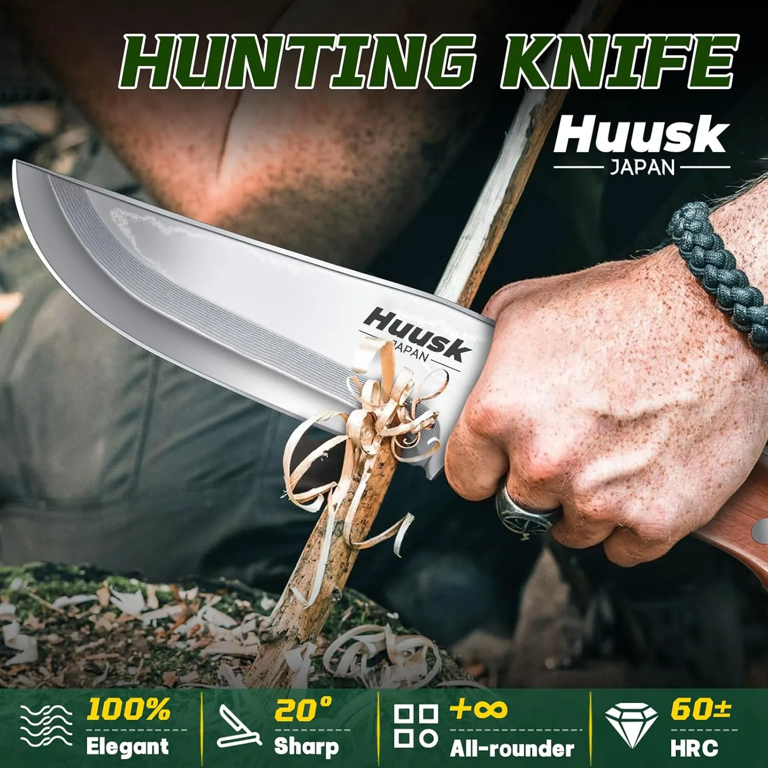 Huusk Bushcraft Knife Fixed Blade Hunting Knives with Leather Sheath 5" Survival Knife Japan Carbon Steel Full Tang Outdoor Camping Knives for Men Dad Present