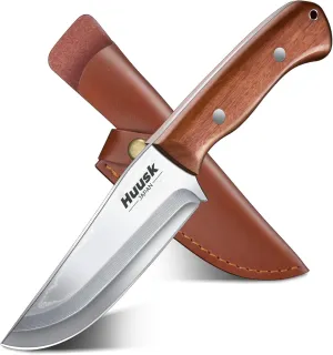 Huusk Bushcraft Knife Fixed Blade Hunting Knives with Leather Sheath 5" Survival Knife Japan Carbon Steel Full Tang Outdoor Camping Knives for Men Dad Present
