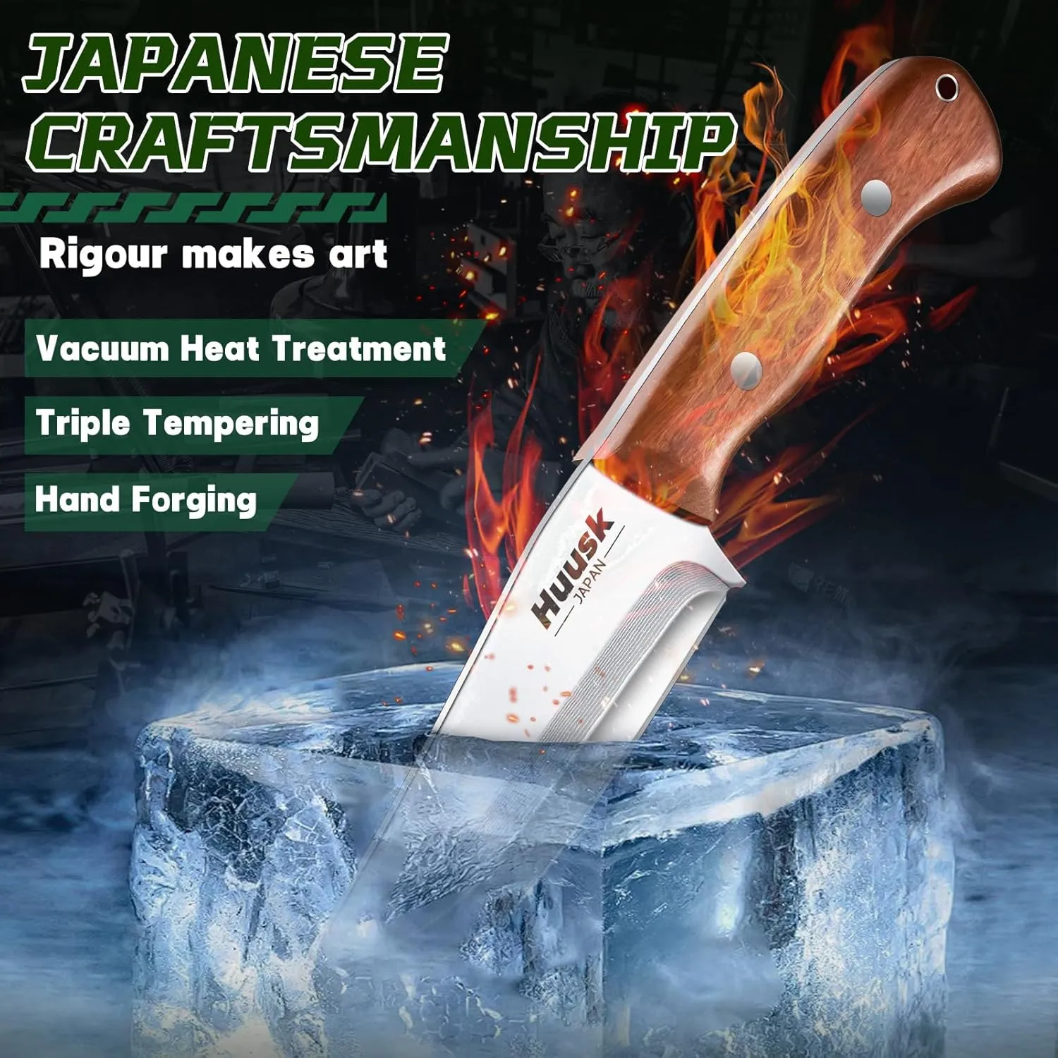 Huusk Bushcraft Knife Fixed Blade Hunting Knives with Leather Sheath 5" Survival Knife Japan Carbon Steel Full Tang Outdoor Camping Knives for Men Dad Present