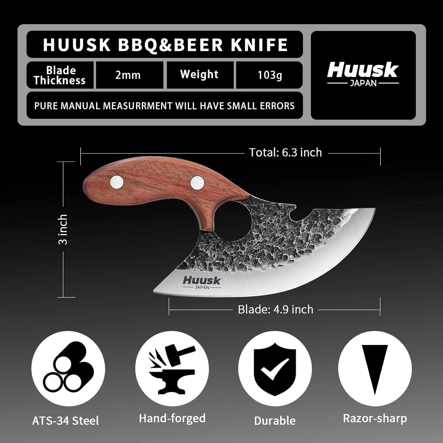 Huusk Knives, Viking Boning Knife for Meat Cutting, Small Ulu knives, Caveman Ultimo Knives Hand Forged Full Tang Knives for Kitchen or Camping Christmas Gift