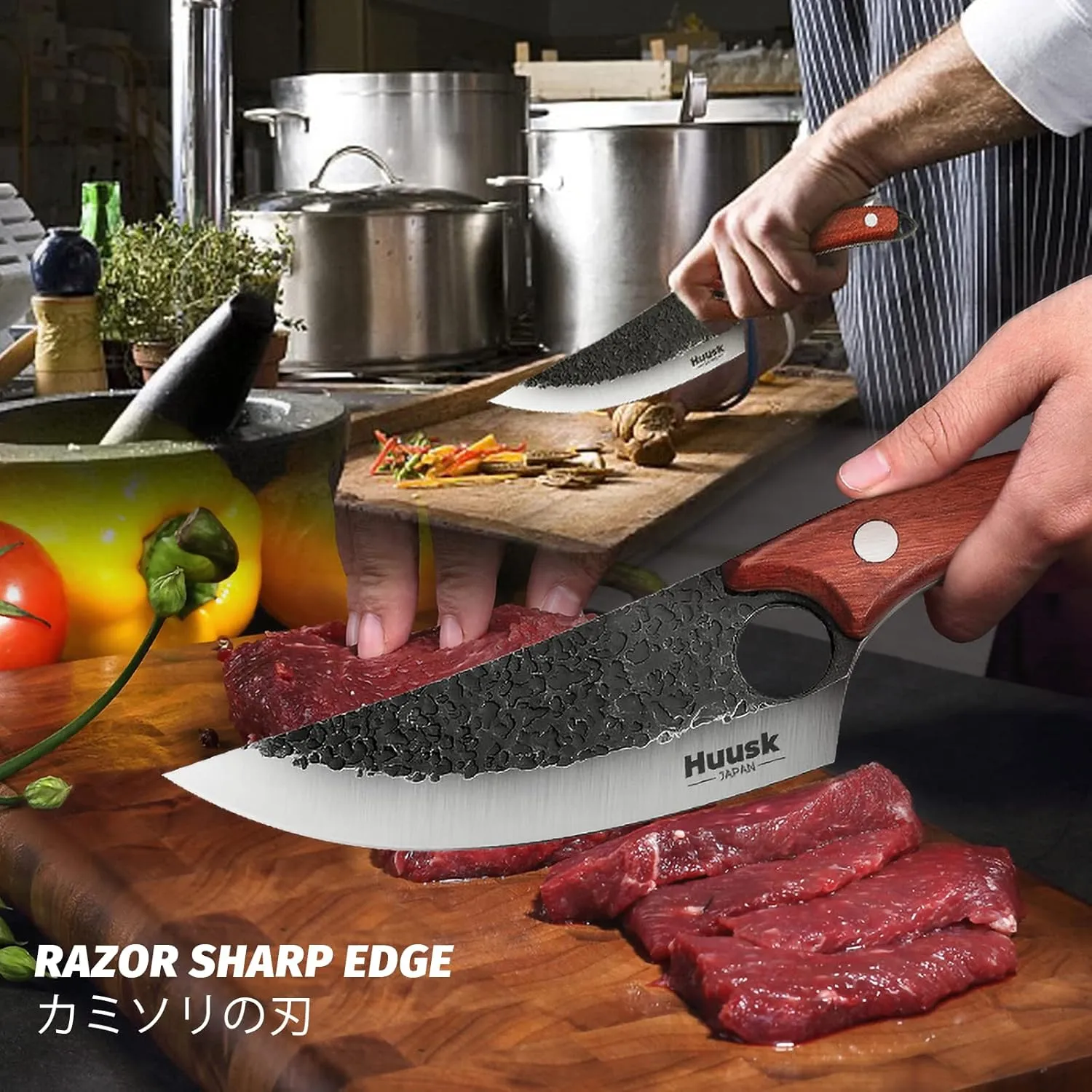 Huusk Viking Knives Hand Forged Boning & Chef Knife - Full Tang Japanese Blade with Sheath - Butcher Meat Cleaver - Camping & Kitchen Gift