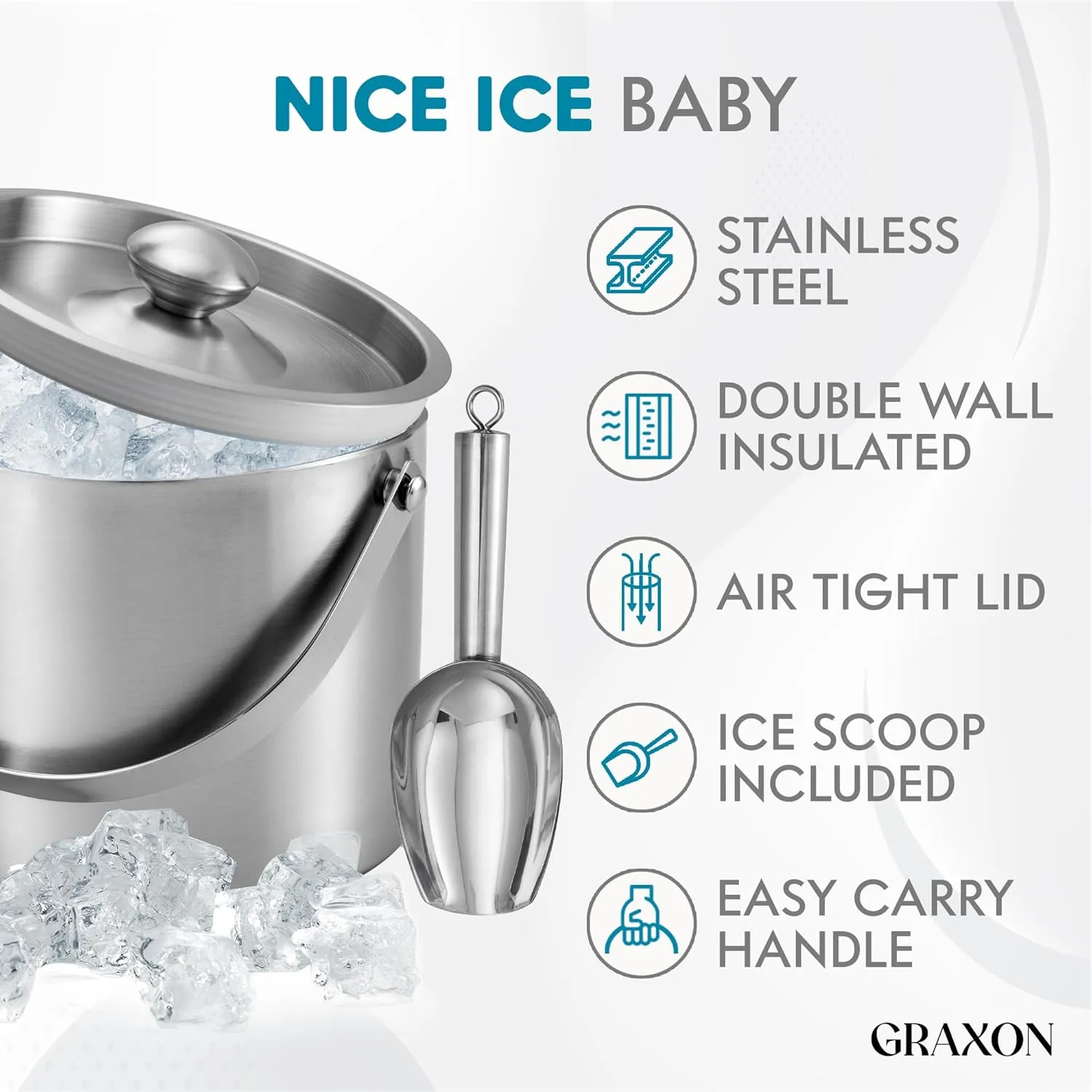 Ice Bucket (3 Liter) Stainless Steel Double Wall Insulated Ice bucket with Lid & Scoop, Ice Buckets for Parties, Handle, Keeps Ice Cold for Hours, Great for Wine, Champagne, Cocktails (Silver)