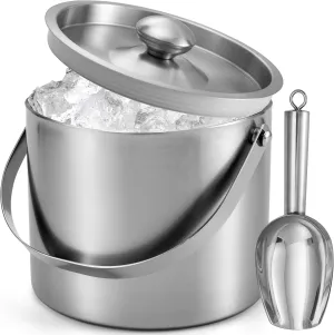 Ice Bucket (3 Liter) Stainless Steel Double Wall Insulated Ice bucket with Lid & Scoop, Ice Buckets for Parties, Handle, Keeps Ice Cold for Hours, Great for Wine, Champagne, Cocktails (Silver)