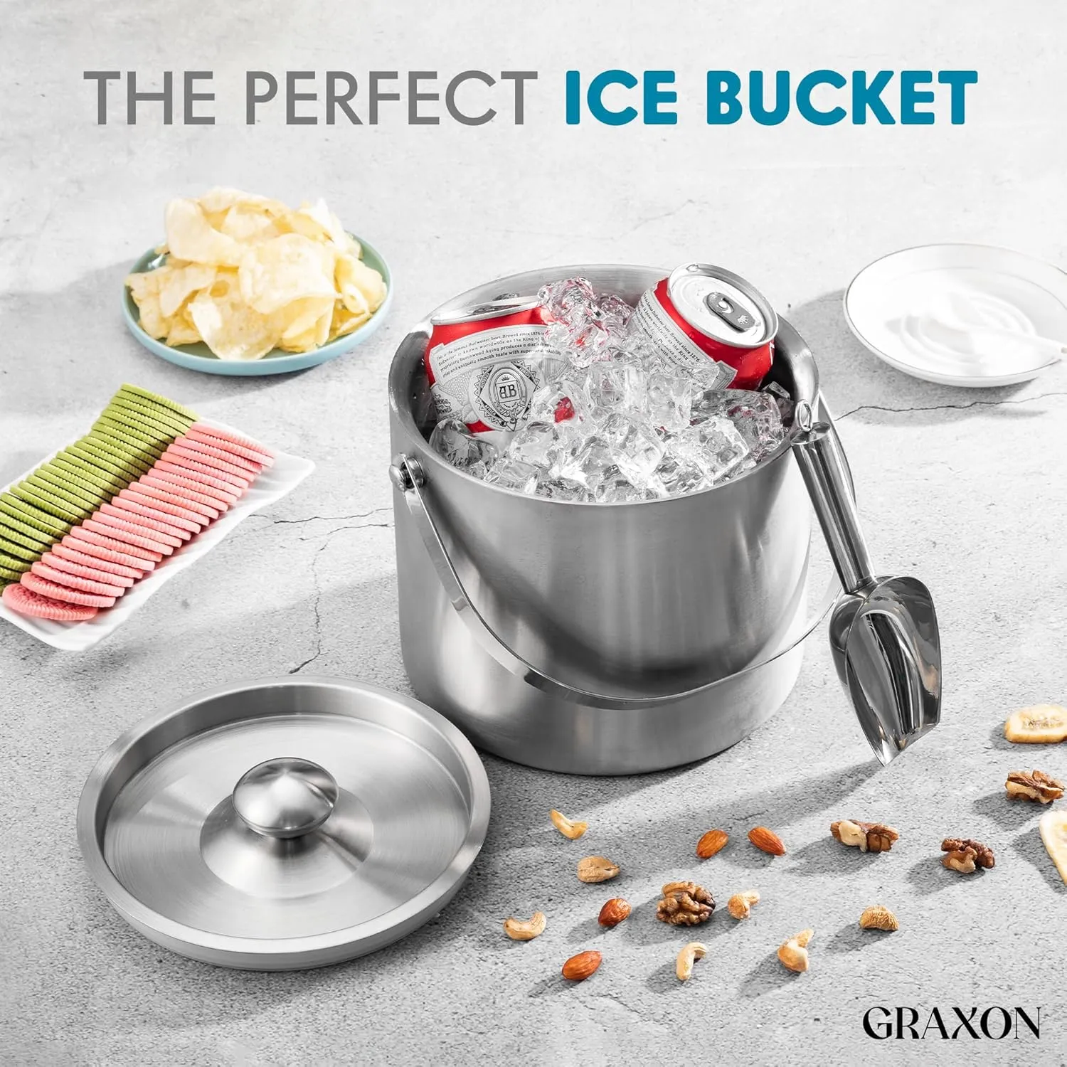 Ice Bucket (3 Liter) Stainless Steel Double Wall Insulated Ice bucket with Lid & Scoop, Ice Buckets for Parties, Handle, Keeps Ice Cold for Hours, Great for Wine, Champagne, Cocktails (Silver)