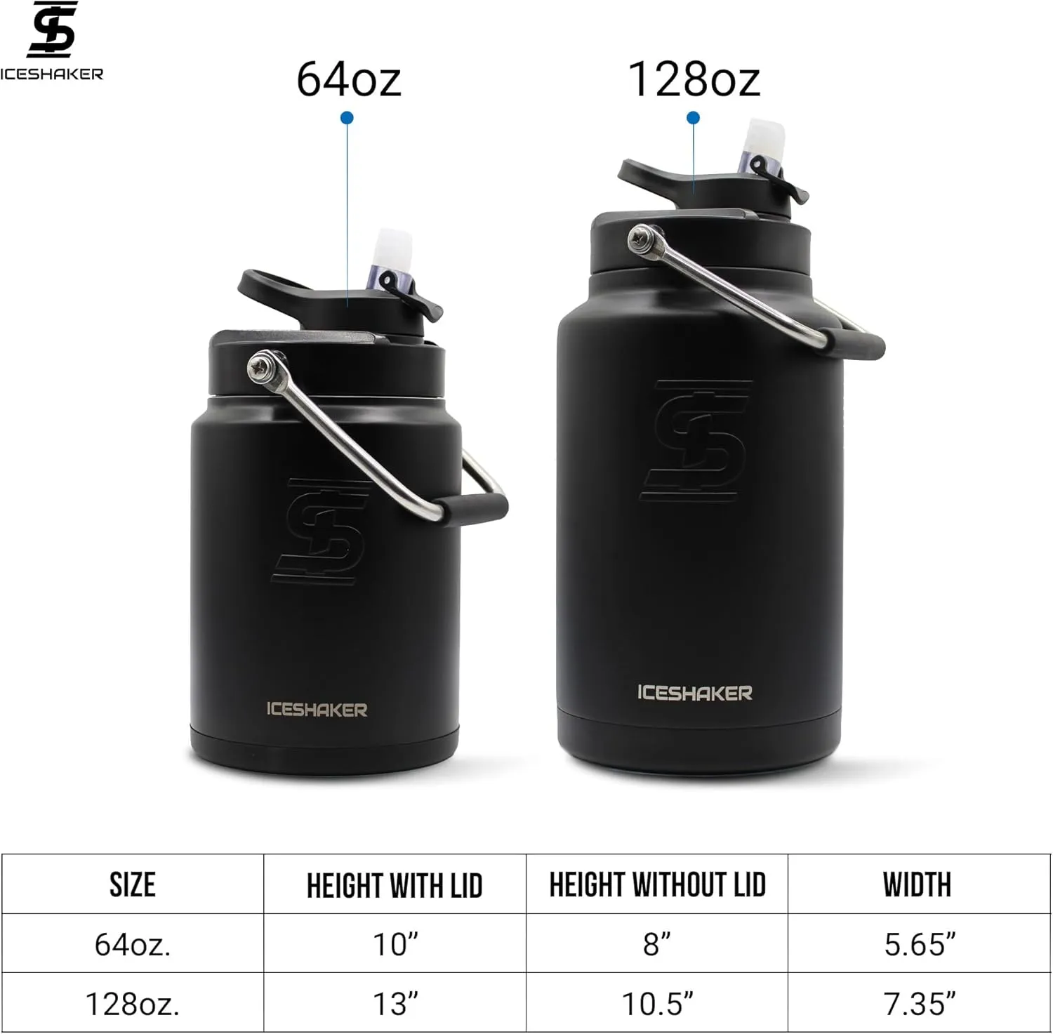 Ice Shaker Insulated Stainless Steel Half Gallon Water Jug | 64 oz, Black | Stays Cold for 60  Hours | Multi-purpose lid | Odor-Free Outdoor Water Jug for Sports, Camping, Hiking, Working Out