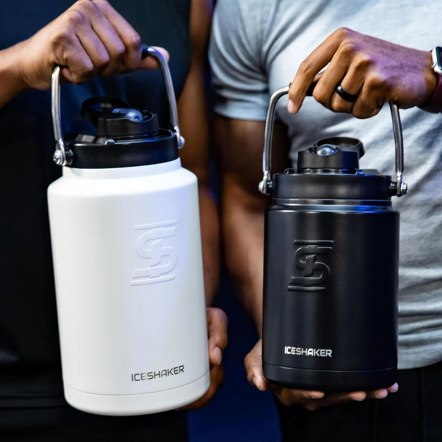 Ice Shaker Insulated Stainless Steel Half Gallon Water Jug | 64 oz, Black | Stays Cold for 60  Hours | Multi-purpose lid | Odor-Free Outdoor Water Jug for Sports, Camping, Hiking, Working Out