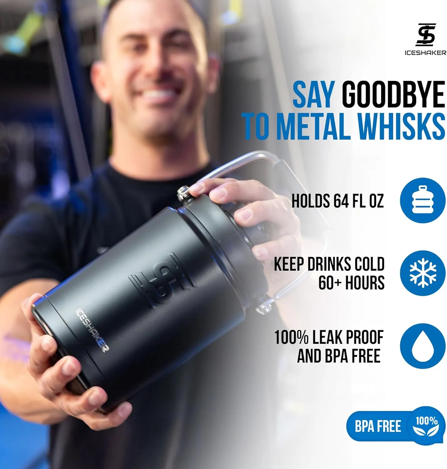 Ice Shaker Insulated Stainless Steel Half Gallon Water Jug | 64 oz, Black | Stays Cold for 60  Hours | Multi-purpose lid | Odor-Free Outdoor Water Jug for Sports, Camping, Hiking, Working Out