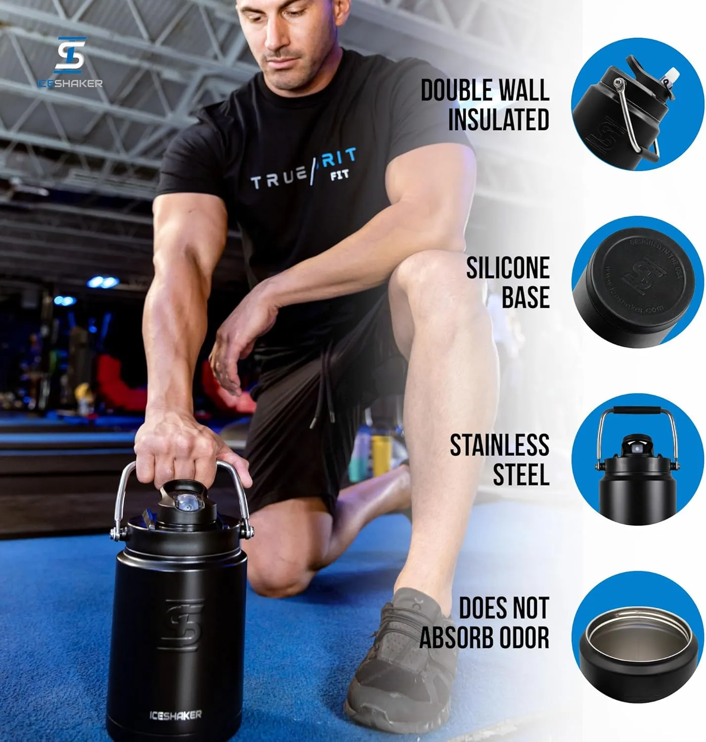 Ice Shaker Insulated Stainless Steel Half Gallon Water Jug | 64 oz, Black | Stays Cold for 60  Hours | Multi-purpose lid | Odor-Free Outdoor Water Jug for Sports, Camping, Hiking, Working Out