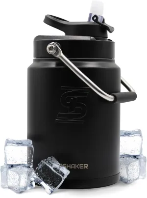 Ice Shaker Insulated Stainless Steel Half Gallon Water Jug | 64 oz, Black | Stays Cold for 60  Hours | Multi-purpose lid | Odor-Free Outdoor Water Jug for Sports, Camping, Hiking, Working Out