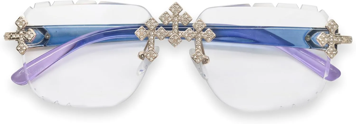 ICE STAR Iced-Out Triple Cross Sunglasses - Diamond-Cut Frameless Shades for Women, Hip-Hop Luxury Eyewear