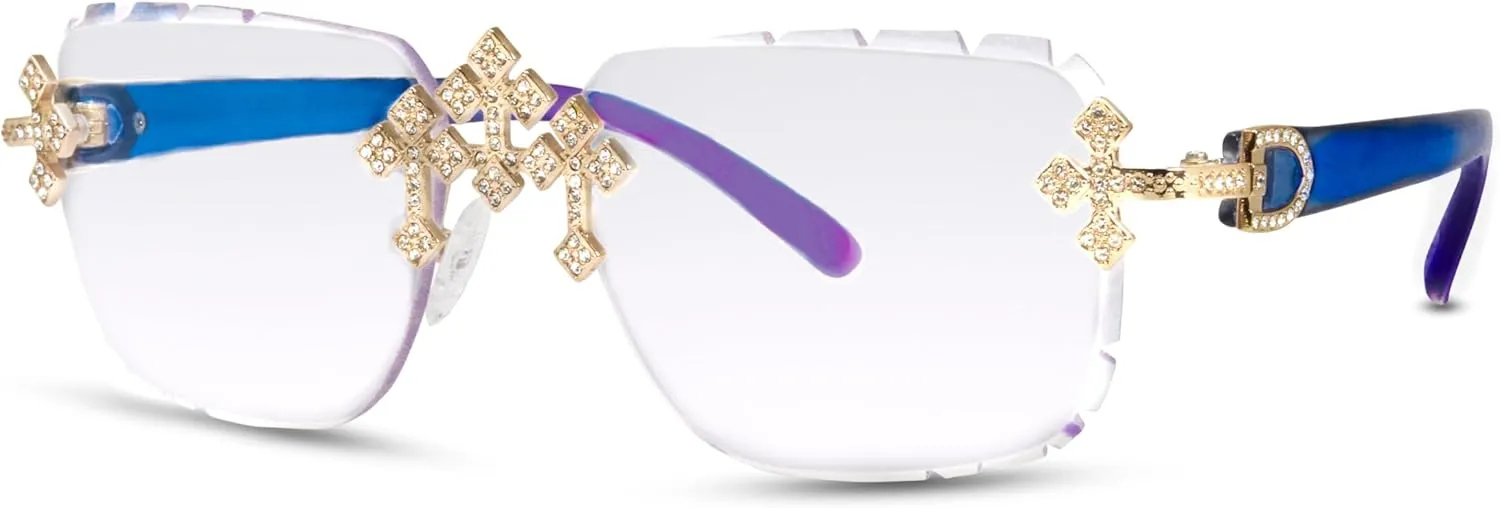 ICE STAR Iced-Out Triple Cross Sunglasses - Diamond-Cut Frameless Shades for Women, Hip-Hop Luxury Eyewear