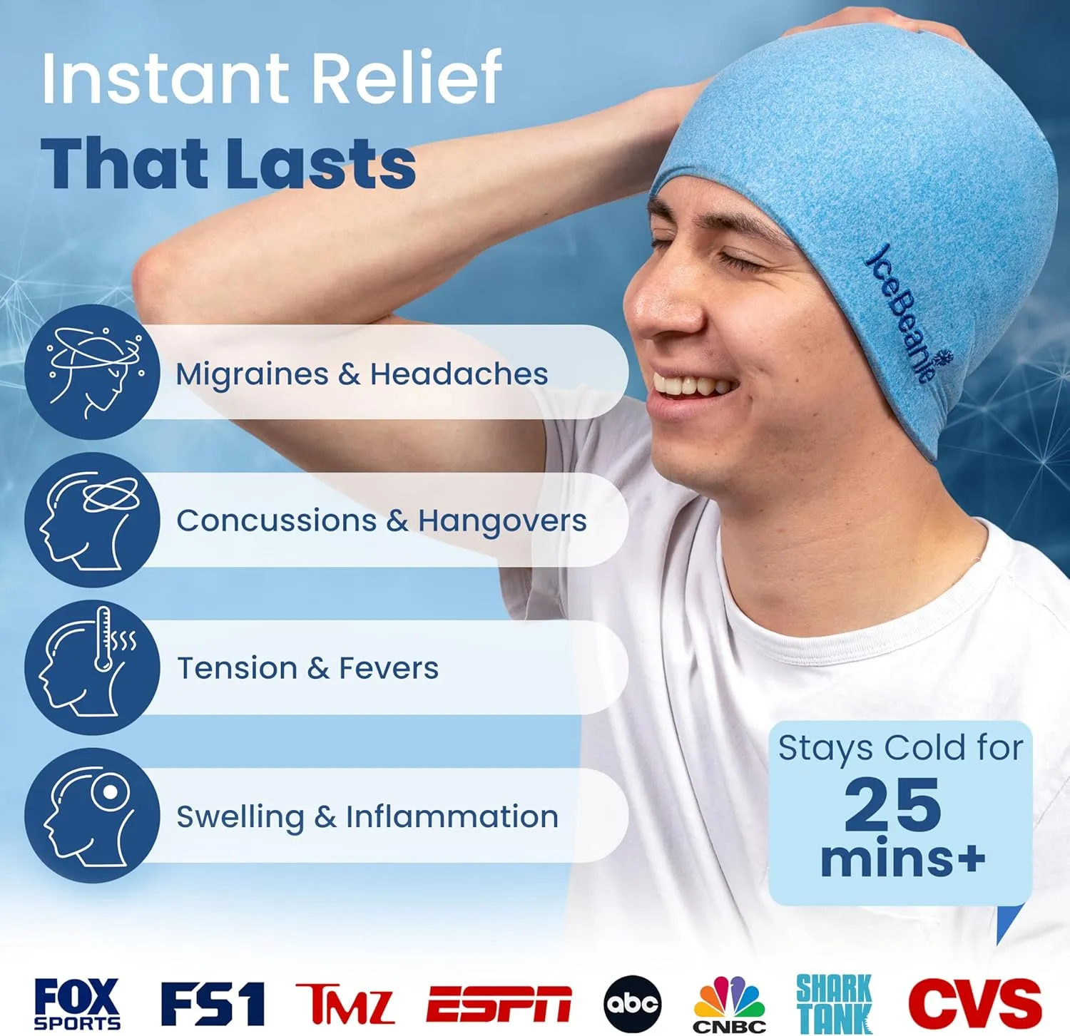 IceBeanie Migraine Relief Cap, As Seen on Shark Tank, Soft & Stretchy Gel Tension Headache Relief Cap, Extended Cooling Hangover Ice Hat, Odorless Cold Head Ice Pack Wrap, Headache Hat Migraine Mask