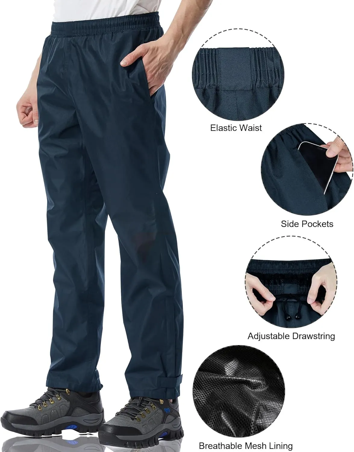 iCreek Men's Rain Pants Waterproof Over Pants Windproof Lightweight Hiking Pants Work Rain Outdoor for Golf, Fishing