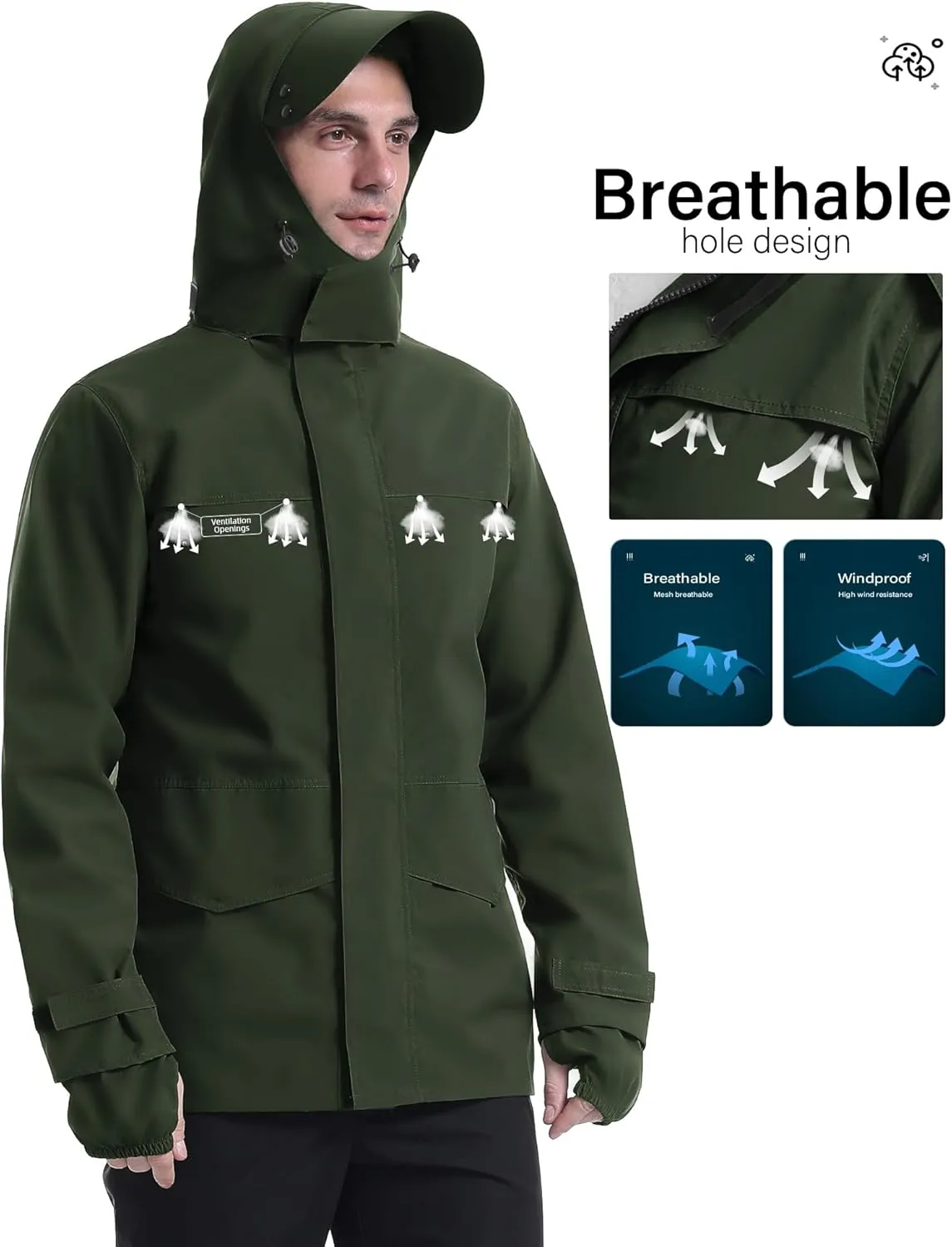 iCreek Rain Jacket Men's Lightweight with Hood Packable Waterproof Raincoat Breathable Antistorm Jacket Windbreaker