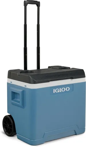IGLOO IP42 Roller Passive Cool Box 42 L, Ice Blue Thermal Box with Wheels and Telescopic Handle, Ice Box for Leisure, Work and Camping
