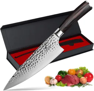 imarku Damascus Chef Knife, 8 Inch Kitchen Knife Ultra Sharp Cooking Knife HC German Stainless Steel Japanese Knife for Kitchen, Hand-Hammered Design, Ergonomic Handle, Father's Day Gifts