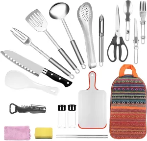 iMounTEK 19Pcs Camping Cooking Utensil Kit Portable Picnic Cookware Outdoor Kitchen Equipment Gear Campfire Barbecue Appliances w/Storage Bag Kitchen Equipment Essentials Accessories