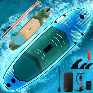 Inflatable 10.5' Stand Up Paddle Board with Strapped Seat, Premium SUP Board Kit, Includes Paddle, Pump, Backpack, Waterproof Bag, Perfect for Yoga, Fishing, and Surfing, Dark Blue & Red